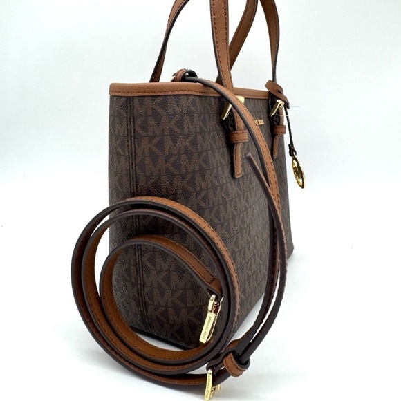 Michael Kors Jet Set Travel Extra-Small Logo Top-Zip lote Bag Brown Signature - Picture 5 of 10